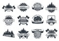 Wood works badge. Lumberjack, sawmill and carpentry emblems. Trees, pine log cut, saw and axe tools vector template set