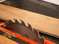 Wood Works. Circular Saw Machine At Work. Construction Tools.