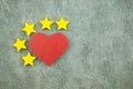 Wood yellow four stars around of red heart. rating five stars. concept of love, review add quality service