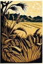 Woodblock print of a golden field of wheat, traditional craft style. Generative AI Royalty Free Stock Photo