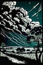 Woodblock print of a storm over fields, traditional craft style. Generative AI