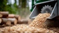 Woodchipper in action creating woodchips in a forest setting. Royalty Free Stock Photo