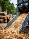 Woodchipper discharging wood chips in a forest setting. Royalty Free Stock Photo