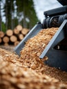 Woodchipper machine processing logs into wood chips in a forest. Royalty Free Stock Photo