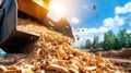 Woodchipper processing wood chunks on sunny day with debris flying Royalty Free Stock Photo