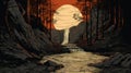 Woodcut Art: Sunlit Forest Waterfall In The Style Of Andy Singer