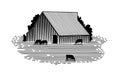 Woodcut Barn and Cattle