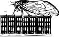 Woodcut cicada on row houses