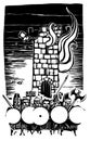 Woodcut Dwarves and Burning tower