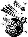 Woodcut style comets that look like covid pandemic spores