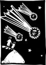 Woodcut style of people watching comets that look like covid pandemic spores