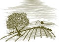 Woodcut Farm Scene