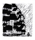 Woodcut print of a fishing town in rain Royalty Free Stock Photo