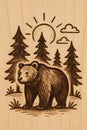 A woodcut style image shows a bear in a forest under the sun. Trees and clouds are visible in the background Royalty Free Stock Photo