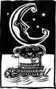 Woodcut style moon and riverboat