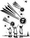 Woodcut style of people watching comets that look like covid pandemic spores