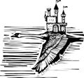 Woodcut style Swan and castle Royalty Free Stock Photo