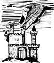 Woodcut style Swan over castle Royalty Free Stock Photo