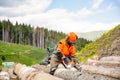 Woodcutter lumberjack is man chainsaw tree. Woodcutter saws tree chainsaw on sawmill. Hard wood working in forest Royalty Free Stock Photo