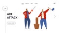 Woodcutters Website Landing Page, Couple of Lumberjack Standing in Different Poses Hold Axe and Saw in Hands