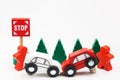 Wooded toy car are crashed. Accident road traffic with wooden to