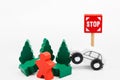 Wooded toy car are crashed. Accident road traffic with wooden to