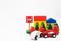 Wooded toy car are crashed. Accident road traffic with wooden to