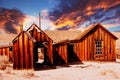 Wooden abandoned house in the desert at sunset Royalty Free Stock Photo