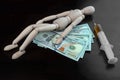 Wooden Adult Human Figurine, Dollar Cash And Medical Injection