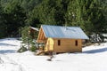 Wooden alpine chalet, snow, green pine trees