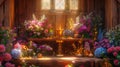 A wooden altar is adorned with fresh flowers and herbs surrounding a golden chalice and a sharp ritualistic blade. The