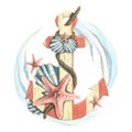 Wooden anchor with jute rope, seashells, starfish and water waves. Watercolor illustration, marine composition for the