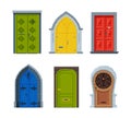 Wooden ancient and classic closed front doors set. Entries to apartments, houses and buildings set cartoon vector