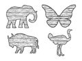 wooden animals set silhouette sketch vector Royalty Free Stock Photo