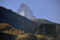 Wooden antique houses from old village from Zermatt with Matterhorn peak in background