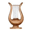 Wooden antique Lyre, Medieval Harp watercolor illustration isolated on white background. Classical Stringed musical