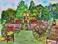 Watercolor Wagon, Wooden Antique decorated for Fall Royalty Free Stock Photo