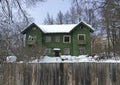 Wooden apartment house built in Stalin time. Iksha town, Moscow region. Royalty Free Stock Photo