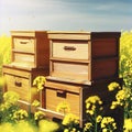 Wooden apiary crates or beehive boxes for beekeeping and honey collecting in blooming canola field