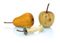 Wooden apple, apple stub and pear made from a different types of wood isolated on white background with shadow reflection. Royalty Free Stock Photo