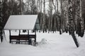 Wooden arbor in a birch grove in winter