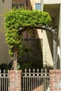Wooden archway gate with tropical vines and plant growing on top with brick pillars and decorative metal front yard gate