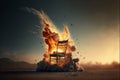 Wooden arm chair in the desert with an explosion in the background.