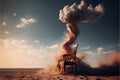Wooden arm chair in the desert with an explosion in the background.