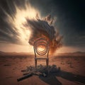 Wooden arm chair in the desert with an explosion in the background.