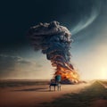 Wooden arm chair in the desert with an explosion in the background.