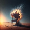 Wooden arm chair in the desert with an explosion in the background.