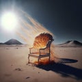 Wooden arm chair in the desert with an explosion in the background.