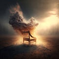 Wooden arm chair in the desert with an explosion in the background.