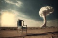 Wooden arm chair in the desert with an explosion in the background.